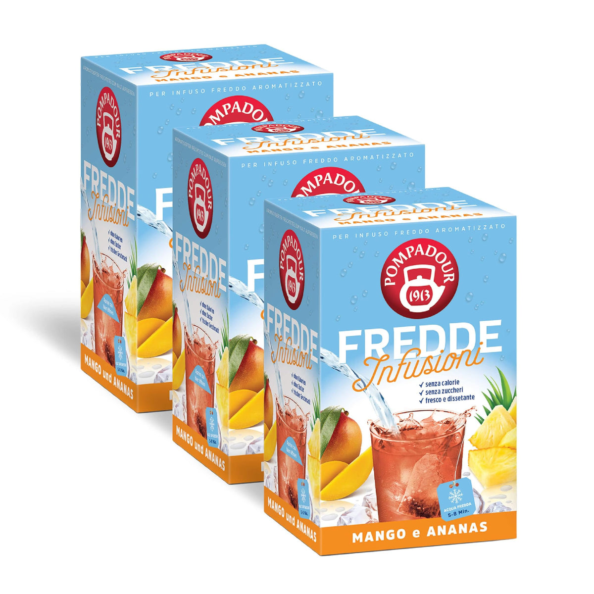 Pompadour, Box Infusi e Tè Freddi 15 Bustine x 8, Karkadè Cocco, Lime Menta, Lampone Limone, Pesca Maracuja, Frutti di Bosco e Menta, Mango Ananas, Ice Tea Limone, Ice Tea Pesca Mango
