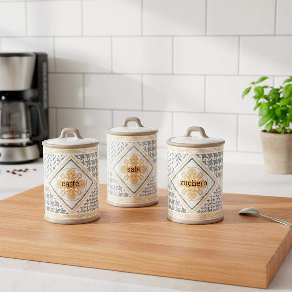 Baroni Home Ceramic Salt Jar Decorated with Airtight Lid, Colourful Durable Kitchen Accessory, Domus Line, 11 x 11 x 17 cm