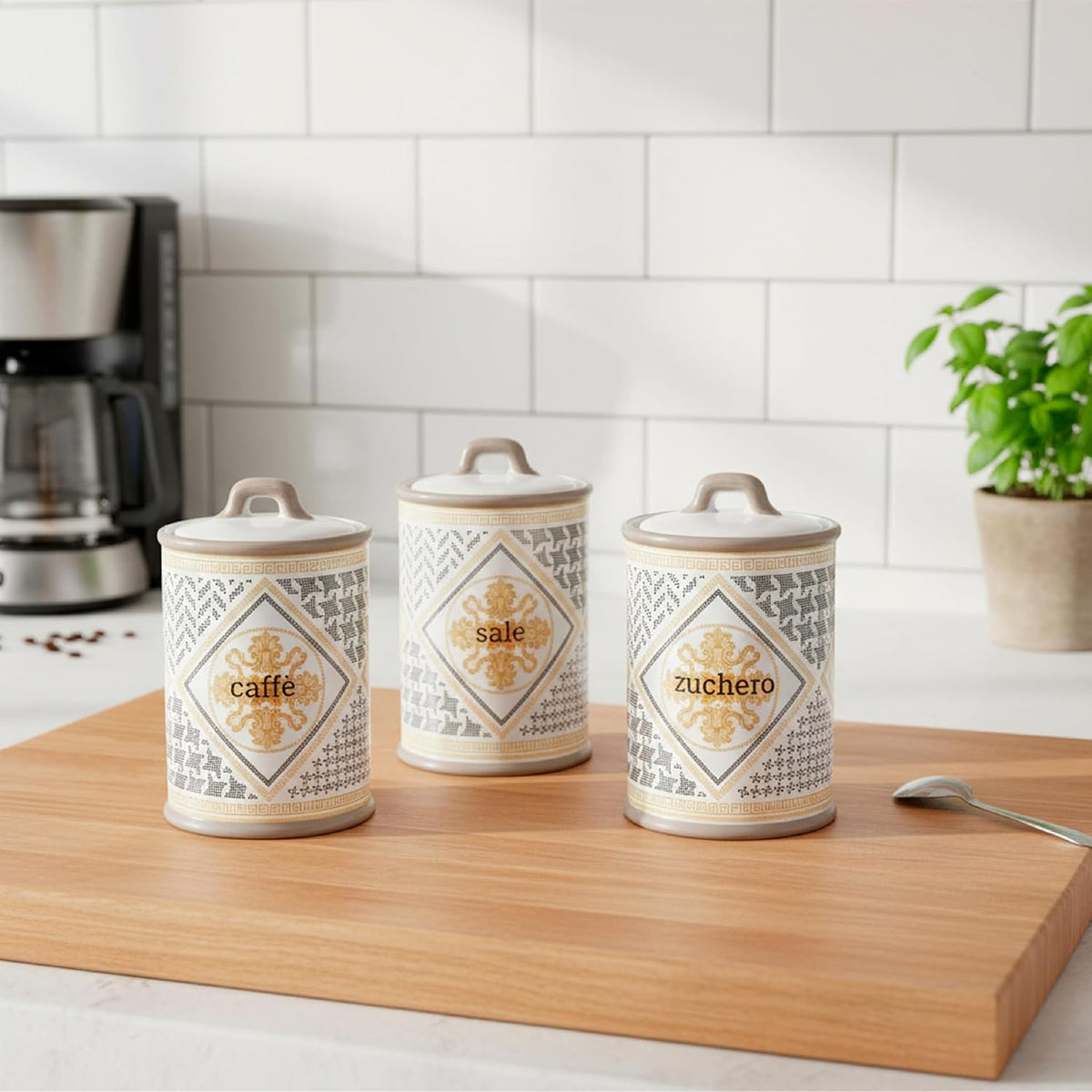 Baroni Home Ceramic Salt Jar Decorated with Airtight Lid, Colourful Durable Kitchen Accessory, Domus Line, 11 x 11 x 17 cm