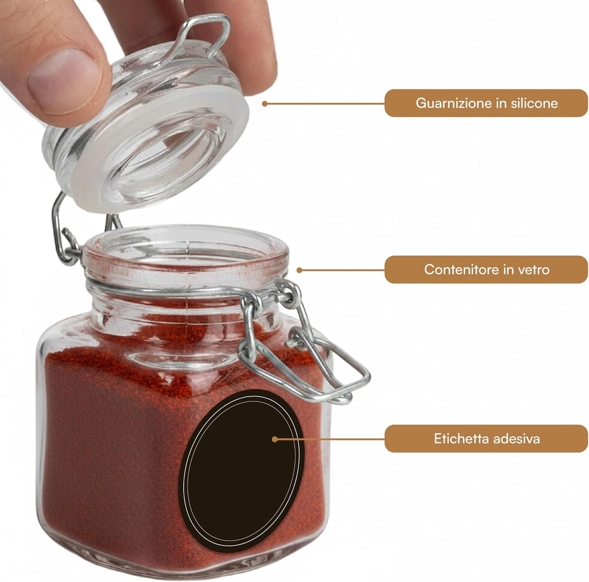 Baroni Home Set of 12 Glass Spice Jars 100 ml, Spice Containers, Blackboard Labels, Marker, Funnel and Brush, Kitchen Organizer, 5 x 5 x 8 cm