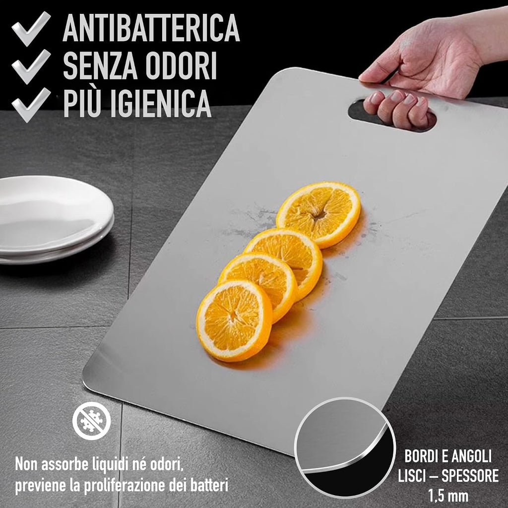 Set di 3 - Tagliere Acciaio Inox Reversibile in Lega Titanio – Set da Cucina Professionale SUS316/SUS 304 + Ganci e Panni – Tagliere in Acciaio Inox Alimentare - Antibatterico e Resistente | 3‑Stars