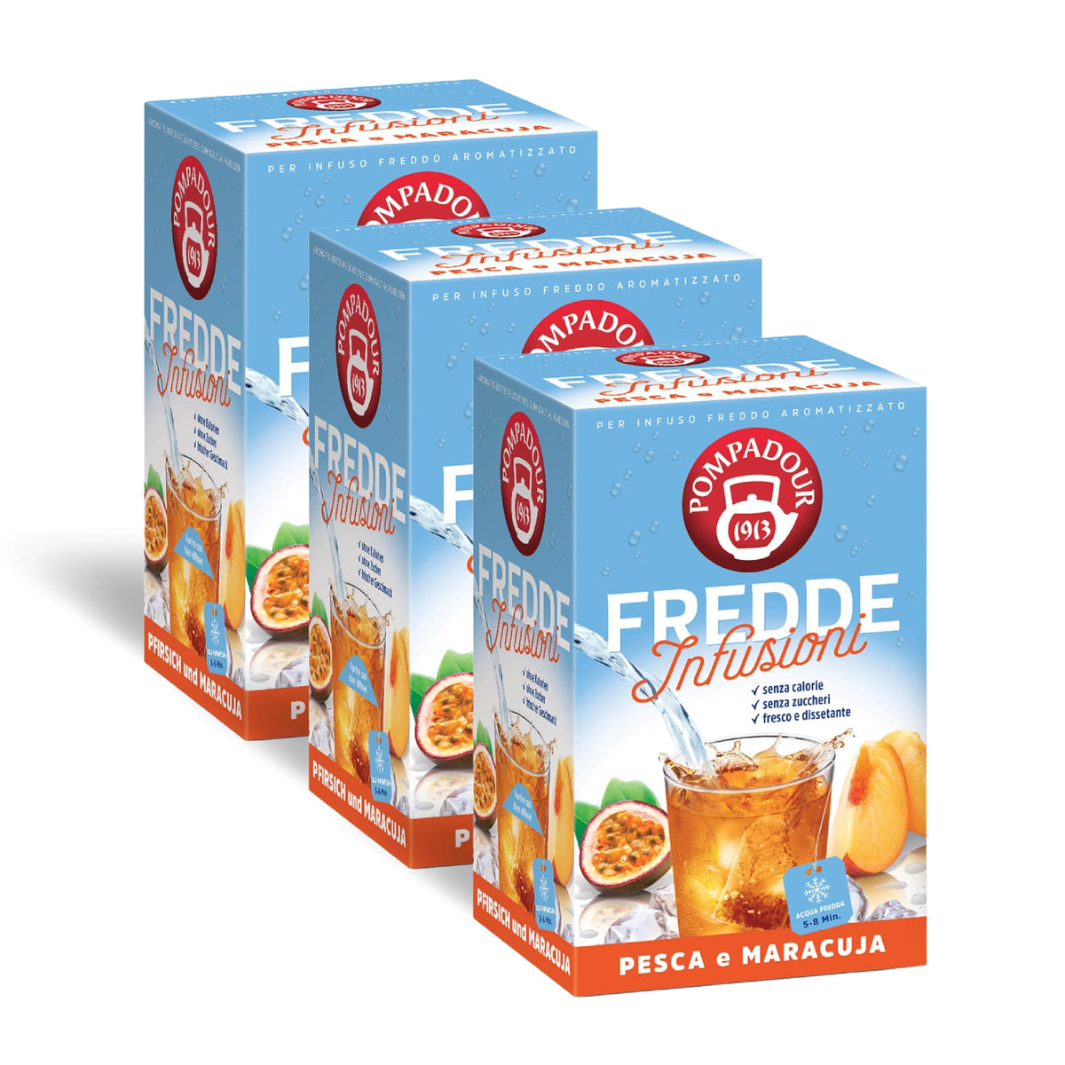 Pompadour, Box Infusi e Tè Freddi 15 Bustine x 8, Karkadè Cocco, Lime Menta, Lampone Limone, Pesca Maracuja, Frutti di Bosco e Menta, Mango Ananas, Ice Tea Limone, Ice Tea Pesca Mango