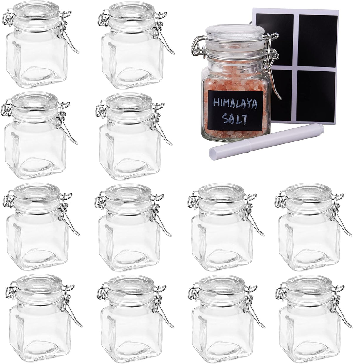 Oak & Steel - 12 Pieces Jars with Lever Closure, 100 ml - Includes 24 Labels and Marker Pen (7 x 5 cm)