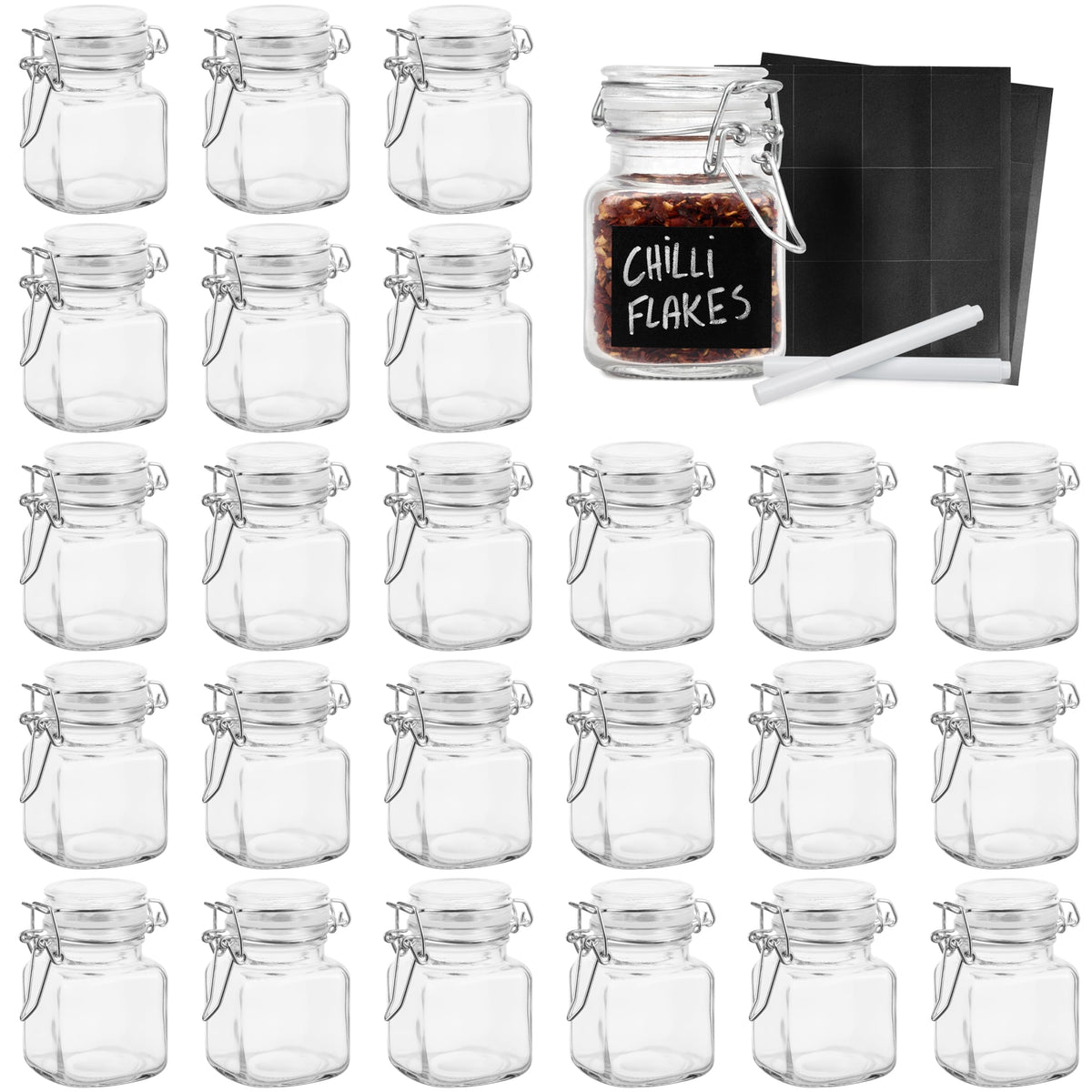 Oak & Steel - 12 Pieces Jars with Lever Closure, 100 ml - Includes 24 Labels and Marker Pen (7 x 5 cm)
