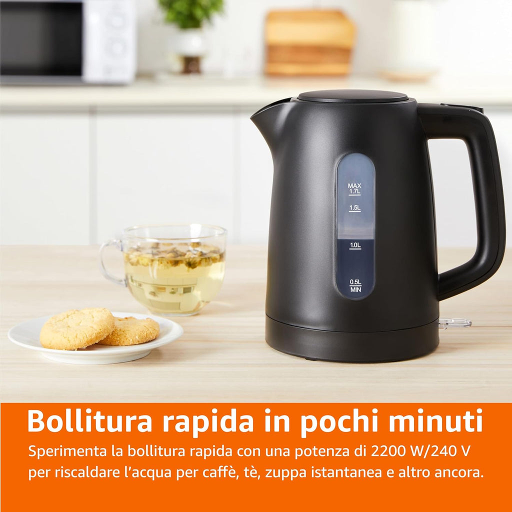 Amazon Basics Electric Kettle, 1.7L, 2200 W, BPA Free with 360° Base, Automatic Shut-off and Removable Anti-Limescale Filter, Matte Black