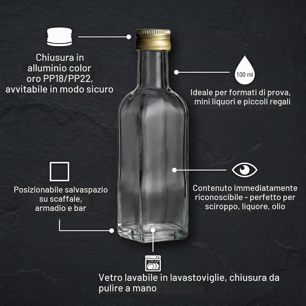 gouveo Set of 24 Square Maraska Glass Bottles (0.10L) with Gold Screw Cap PP 24 for Liqueur Syrup Oil Vinegar Portion and Tasting Bottles (MFET100G)