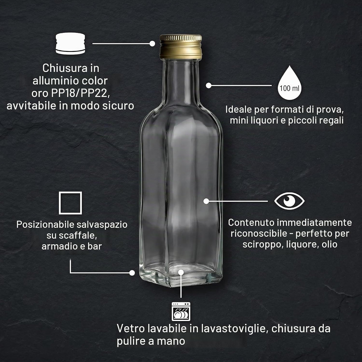 gouveo Set of 24 Square Maraska Glass Bottles (0.10L) with Gold Screw Cap PP 24 for Liqueur Syrup Oil Vinegar Portion and Tasting Bottles (MFET100G)