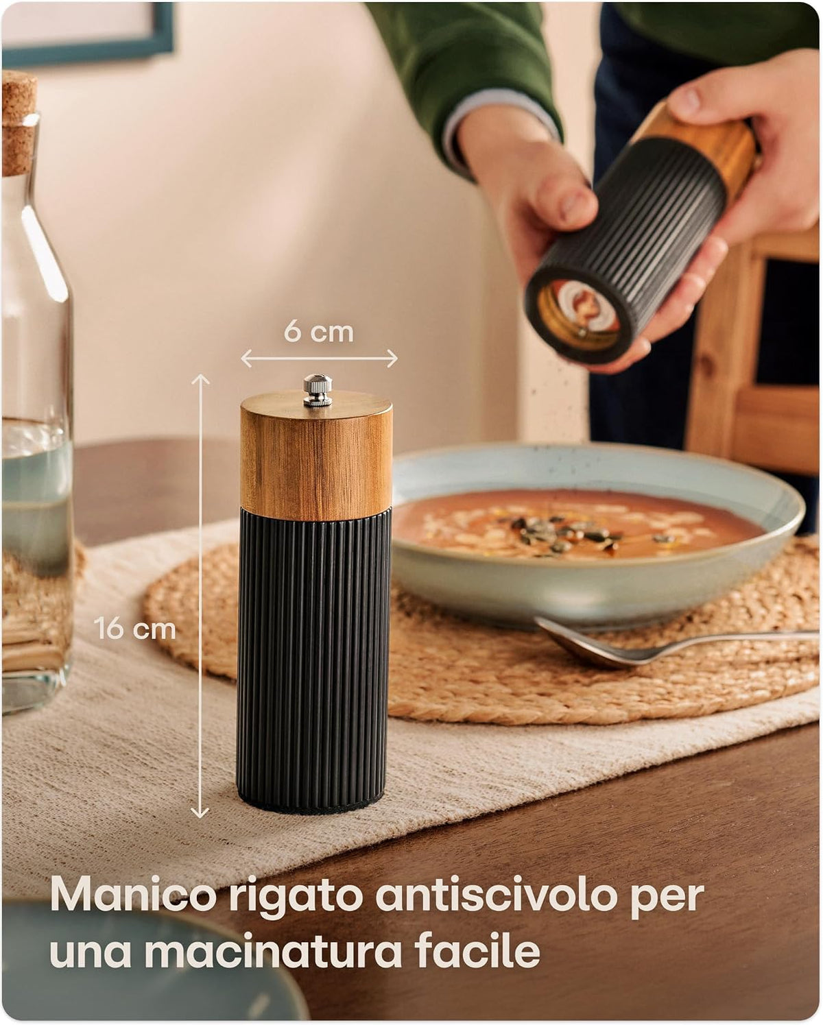 Praknu Manual Pepper and Salt Grinder - FSC® Acacia Wood - Elegant Design with Ceramic Grinder - Adjustable and Durable - Black - Small