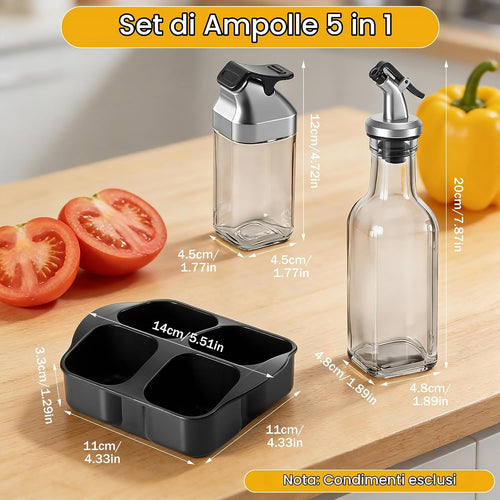 5 Piece Set of Oil Vinegar Salt Pepper, Glass Without Lead