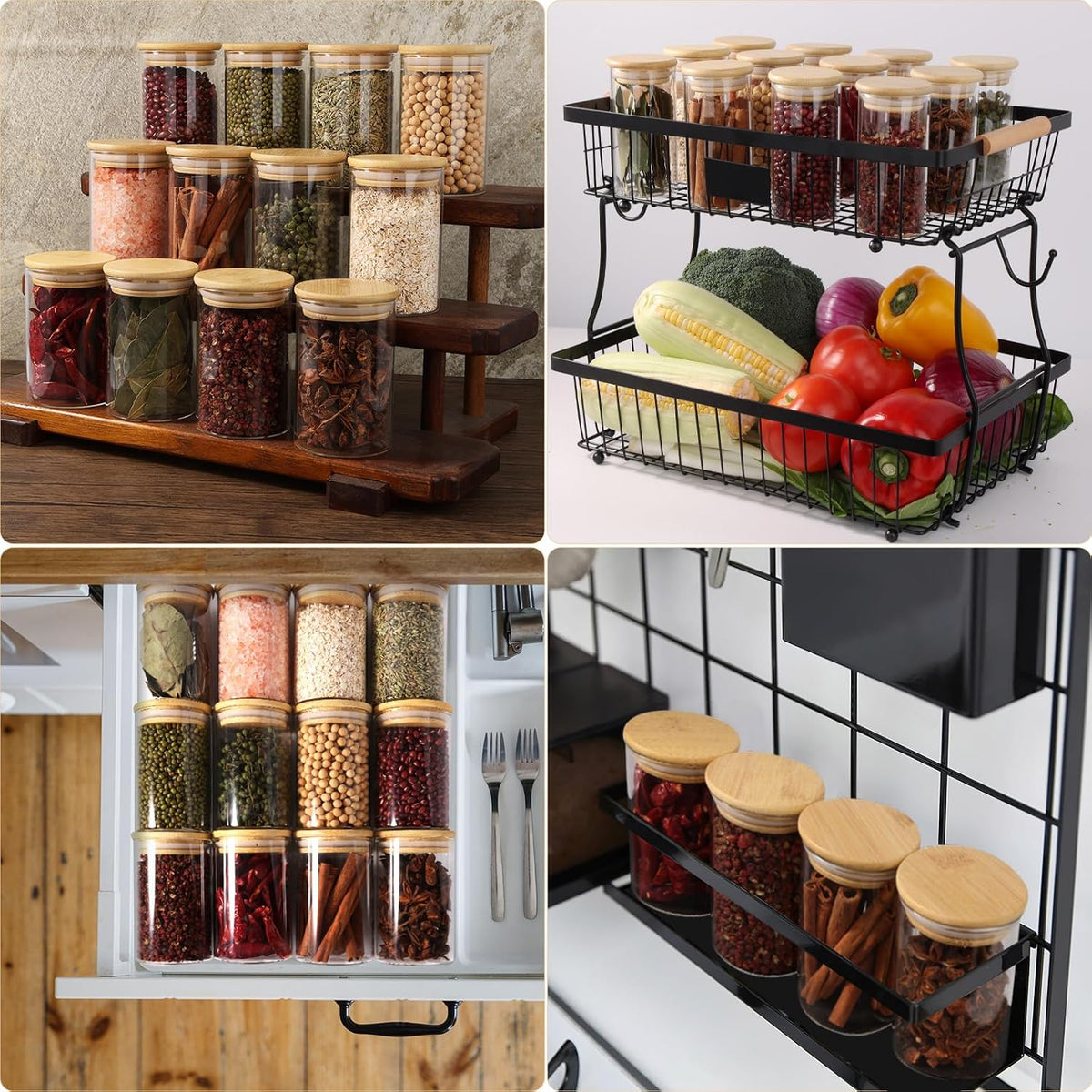 FoiiLiio Set of 12 Spice Jars – 250 ml Spice Jars with Bamboo Lid, Spice Containers for Kitchen, Transparent Spice Jars with Labels – Dishwasher Safe