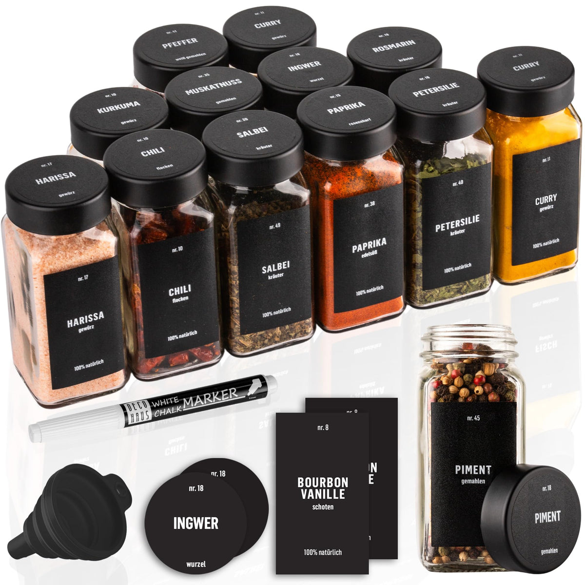 Deco haus Set of 12 Spice Jars for Kitchen with Screw Cap