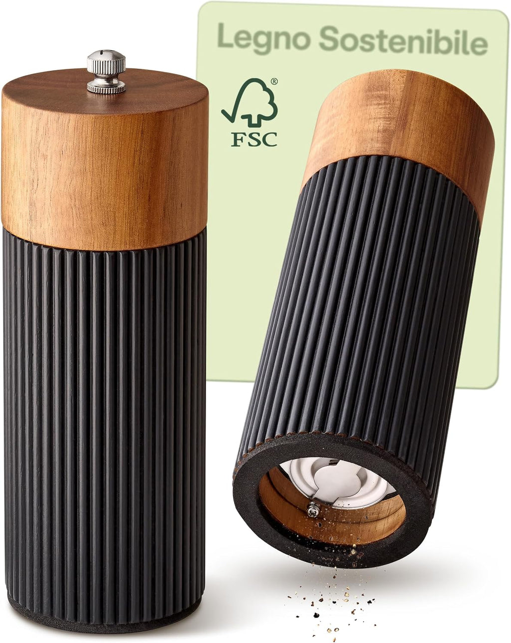 Praknu Manual Pepper and Salt Grinder - FSC® Acacia Wood - Elegant Design with Ceramic Grinder - Adjustable and Durable - Black - Small
