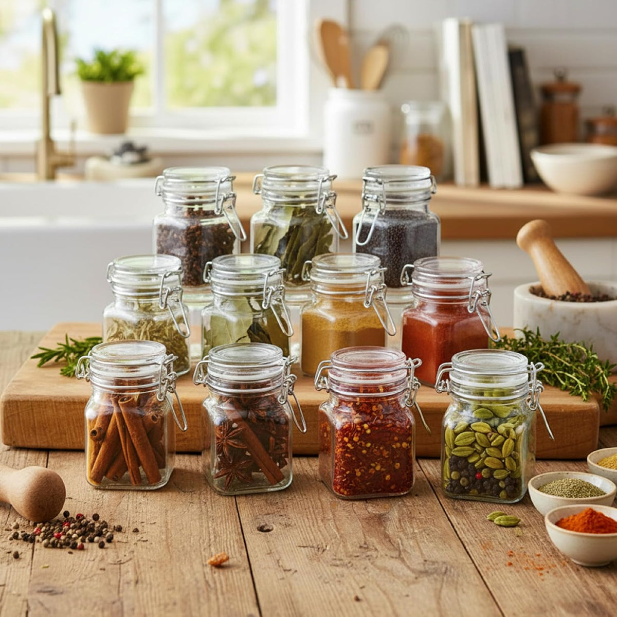 Baroni Home Set of 12 Glass Spice Jars 100 ml, Spice Containers, Blackboard Labels, Marker, Funnel and Brush, Kitchen Organizer, 5 x 5 x 8 cm