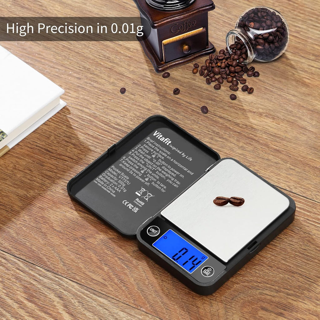 Vitafit 500g Bilancia di Precisione 0.01g, Bilancia Tascabile LCD Blu, Nera