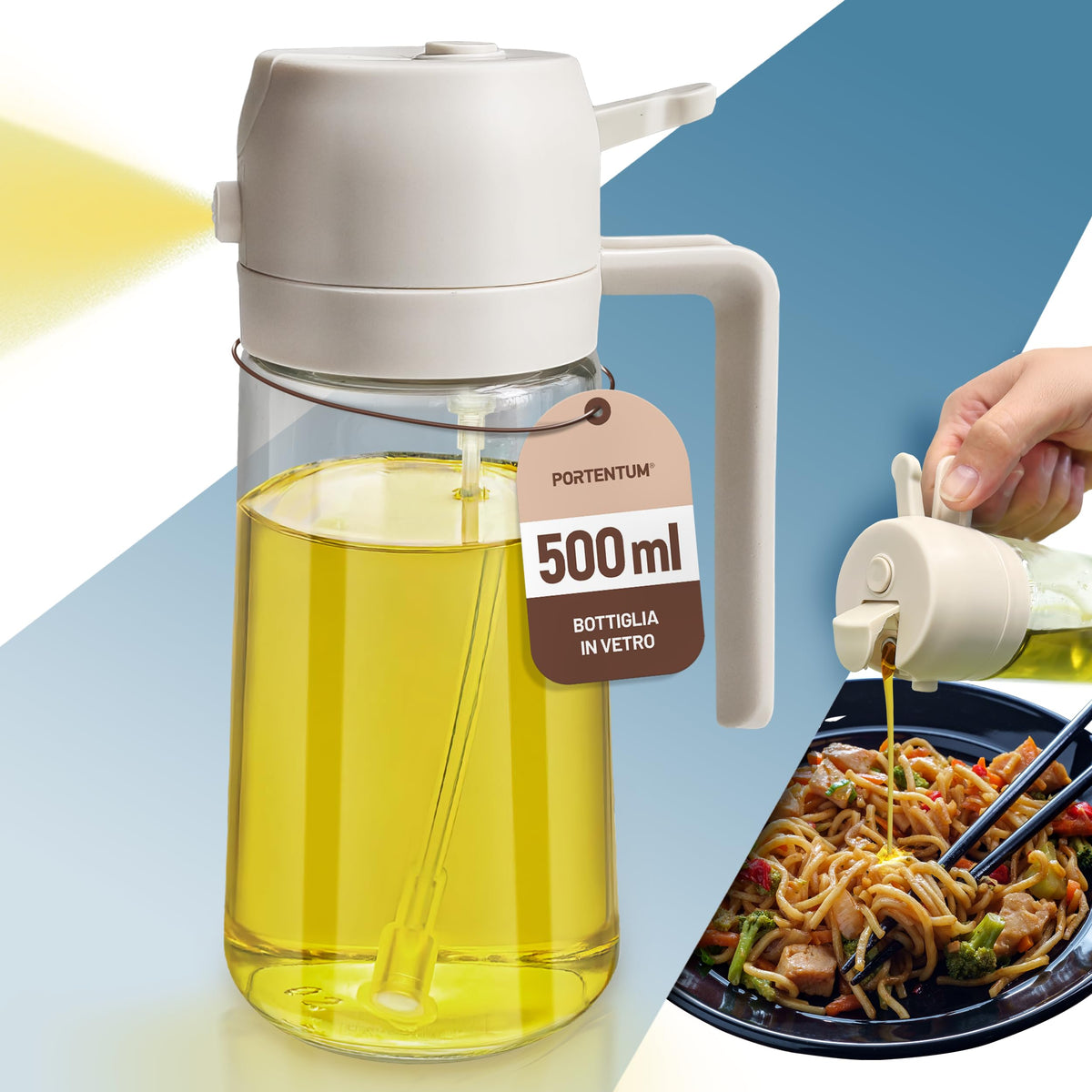 PORTENTUM Spruzzino Olio per Friggitrice Aria 500ml 2 in 1, Dosatore Bottiglia e Oliera Spruzzino olio, Accessori friggitrice ad aria nebulizzatore per Alimenti e Spruzzatore (Nero)