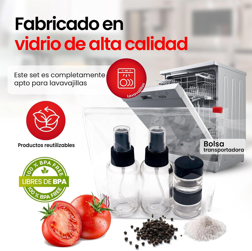IRIS Glass Food Dressing Set of 2 Spray Bottles Liquids (Oil & Vinegar) 50 ml 2 Screw-Top Containers for Spices 10 ml Each Seasoning Glass, Stainless Steel