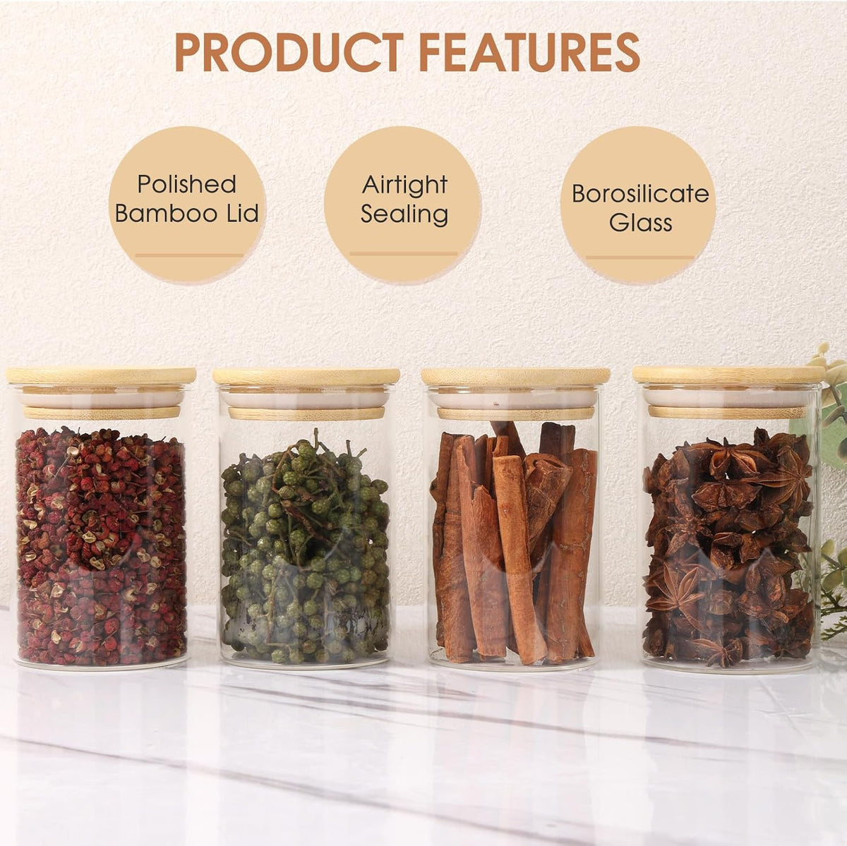 FoiiLiio Set of 12 Spice Jars – 250 ml Spice Jars with Bamboo Lid, Spice Containers for Kitchen, Transparent Spice Jars with Labels – Dishwasher Safe