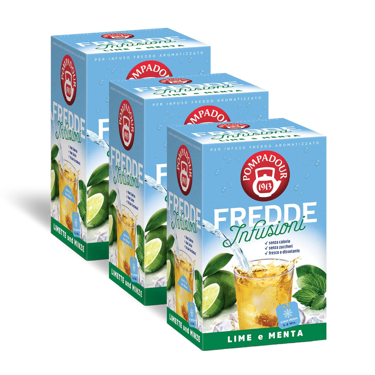 Pompadour, Box Infusi e Tè Freddi 15 Bustine x 8, Karkadè Cocco, Lime Menta, Lampone Limone, Pesca Maracuja, Frutti di Bosco e Menta, Mango Ananas, Ice Tea Limone, Ice Tea Pesca Mango