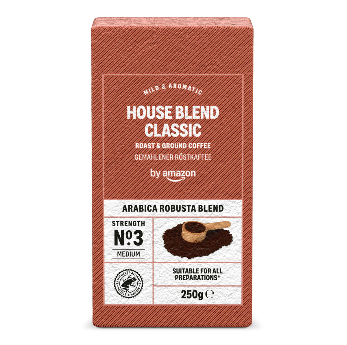 by Amazon House Blend Classic Caffè Torrefatto E Macinato 100% Arabica Intensità 3 - Delicato, 250g e