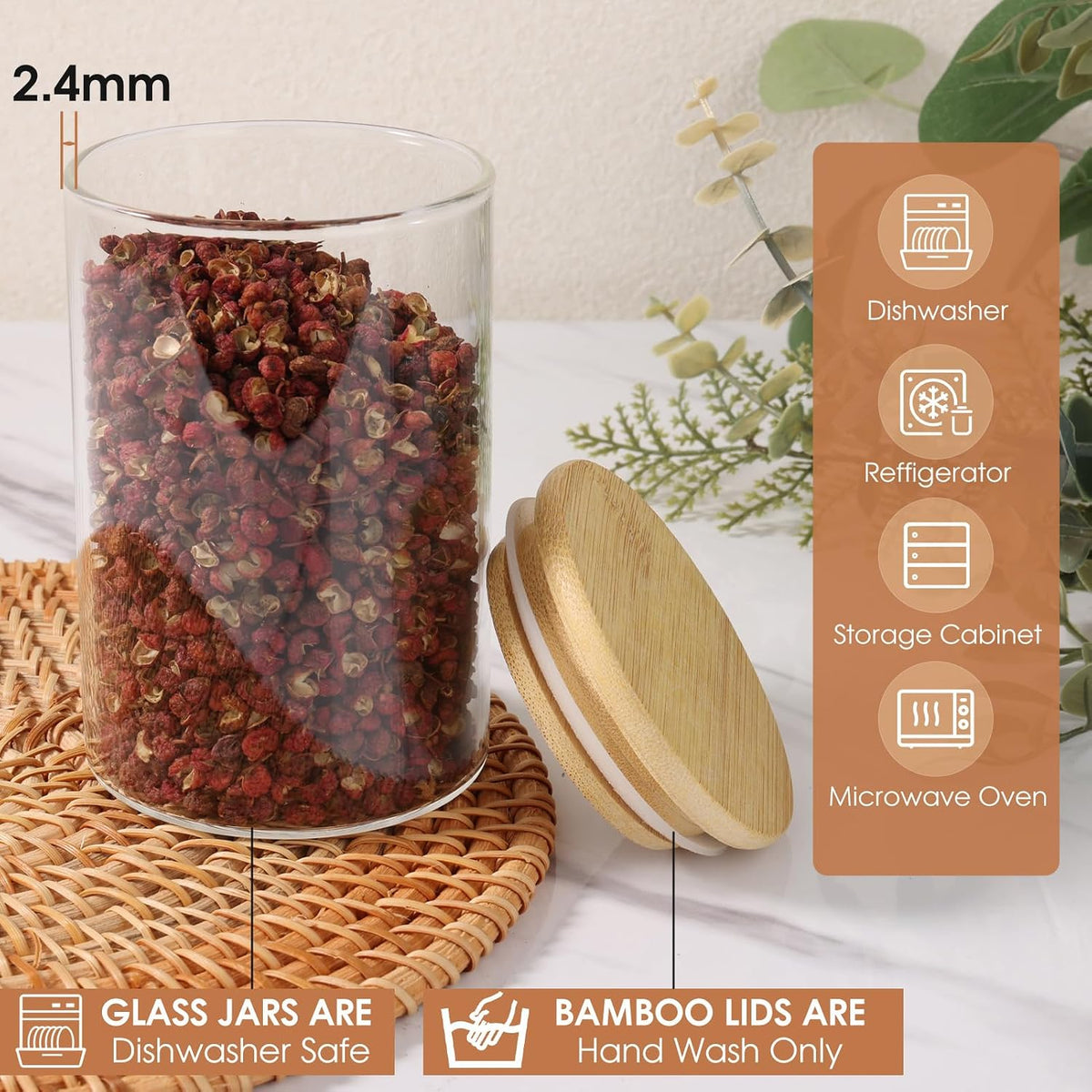 FoiiLiio Set of 12 Spice Jars – 250 ml Spice Jars with Bamboo Lid, Spice Containers for Kitchen, Transparent Spice Jars with Labels – Dishwasher Safe