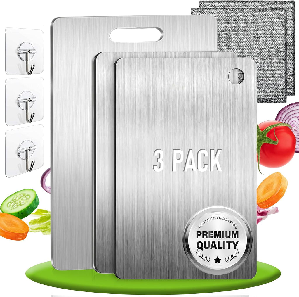 Set di 3 - Tagliere Acciaio Inox Reversibile in Lega Titanio – Set da Cucina Professionale SUS316/SUS 304 + Ganci e Panni – Tagliere in Acciaio Inox Alimentare - Antibatterico e Resistente | 3‑Stars