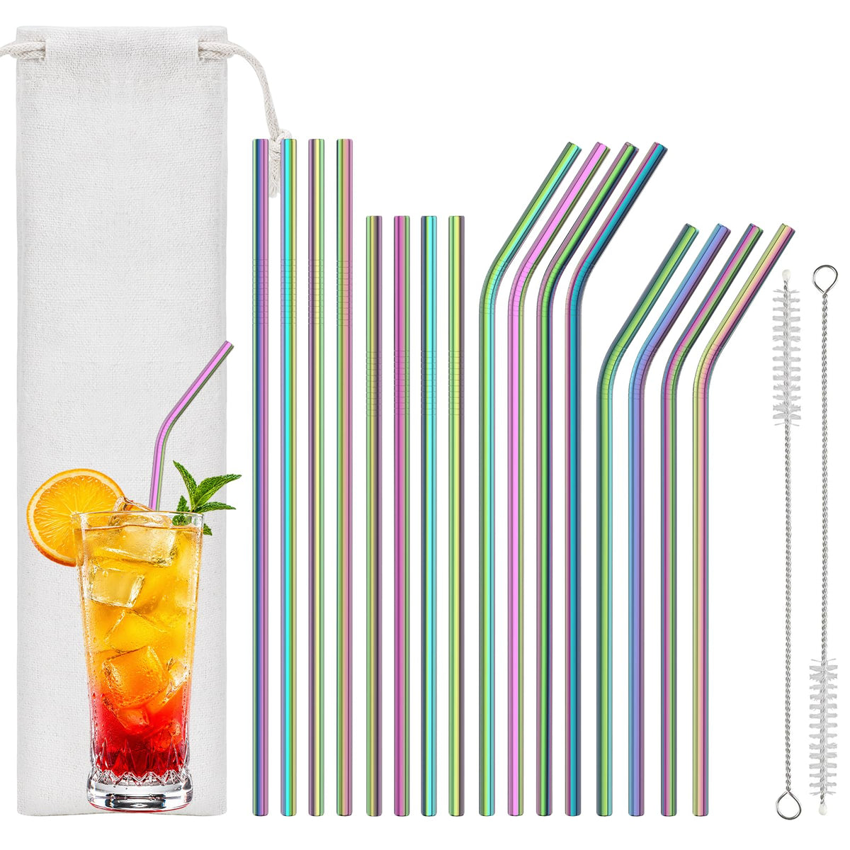 Euqvunn Set of 16 Reusable Straws - 8 Straight and 8 Curves (Long and Short), Stainless Steel Straws with 2 Cleaning Brushes and Bag, Dishwasher Safe