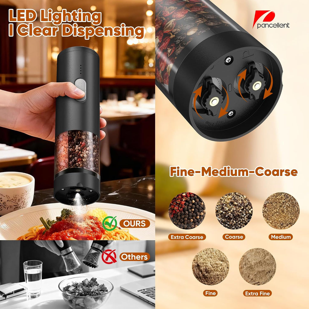 2 in 1 Electric Salt and Pepper Grinder Set (USB Rechargeable) Automatic Salt and Pepper Mill with LED Lighting One Hand Operated Adjustable Grit Perfect for Kitchen