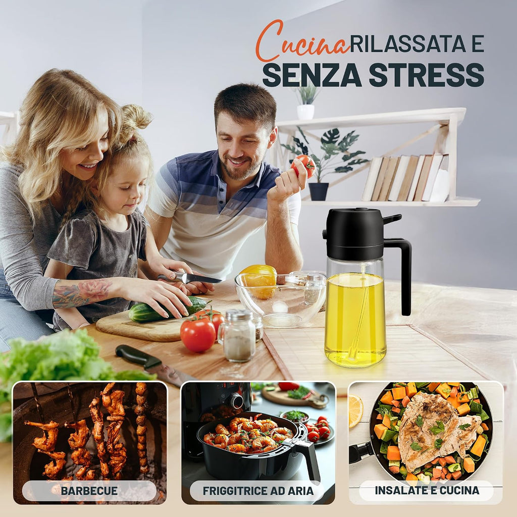 PORTENTUM Spruzzino Olio per Friggitrice Aria 500ml 2 in 1, Dosatore Bottiglia e Oliera Spruzzino olio, Accessori friggitrice ad aria nebulizzatore per Alimenti e Spruzzatore (Nero)