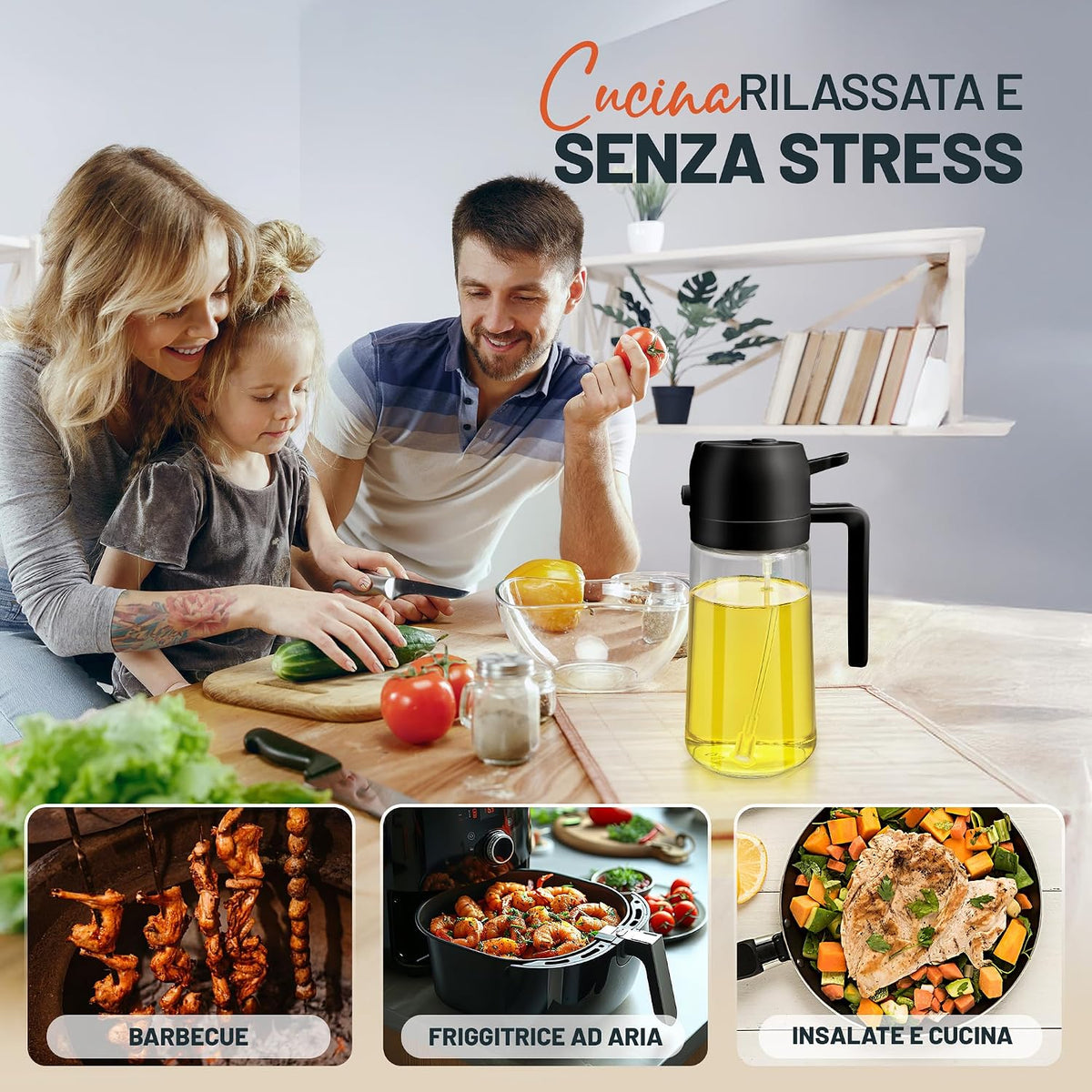 PORTENTUM Spruzzino Olio per Friggitrice Aria 500ml 2 in 1, Dosatore Bottiglia e Oliera Spruzzino olio, Accessori friggitrice ad aria nebulizzatore per Alimenti e Spruzzatore (Nero)