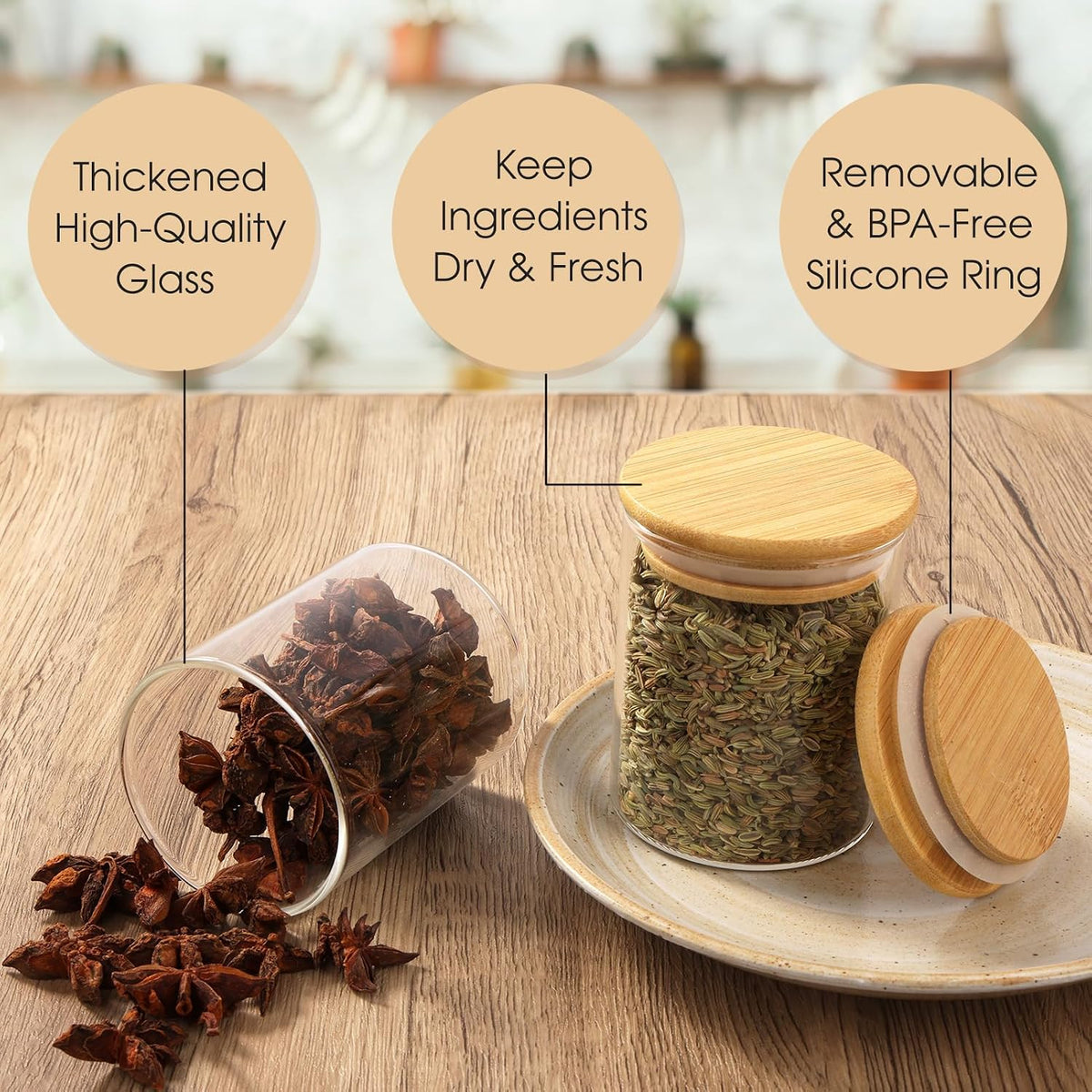 FoiiLiio Set of 12 Spice Jars – 250 ml Spice Jars with Bamboo Lid, Spice Containers for Kitchen, Transparent Spice Jars with Labels – Dishwasher Safe