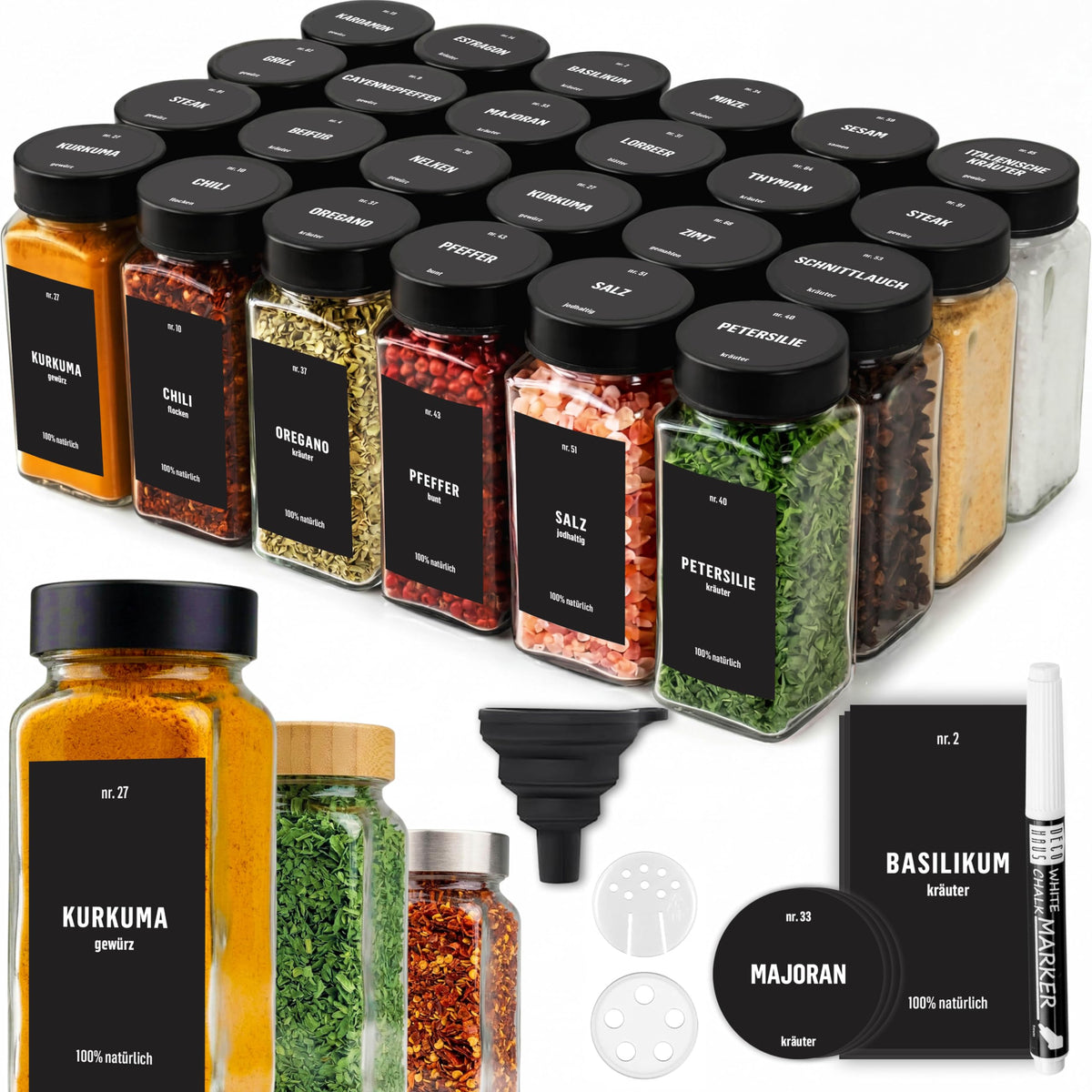 Deco haus Set of 12 Spice Jars for Kitchen with Screw Cap