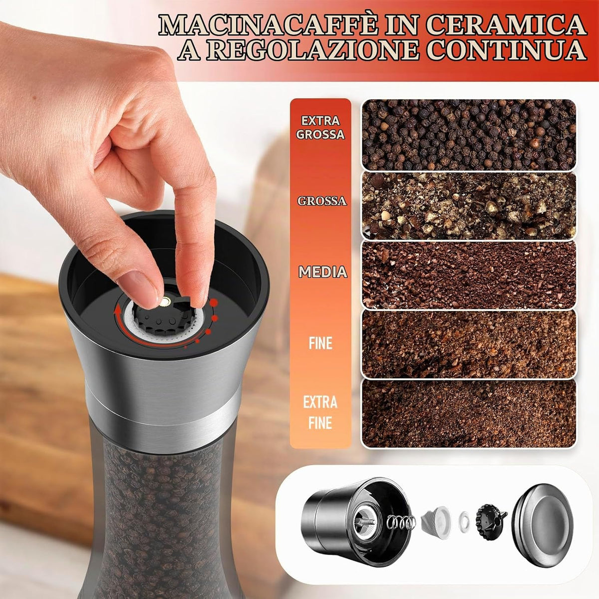DEPAR Set of 4 Salt and Pepper Mills - High Quality Stainless Steel - High Quality Glass Container - Adjustable Ceramic Salt Grinding Mechanism