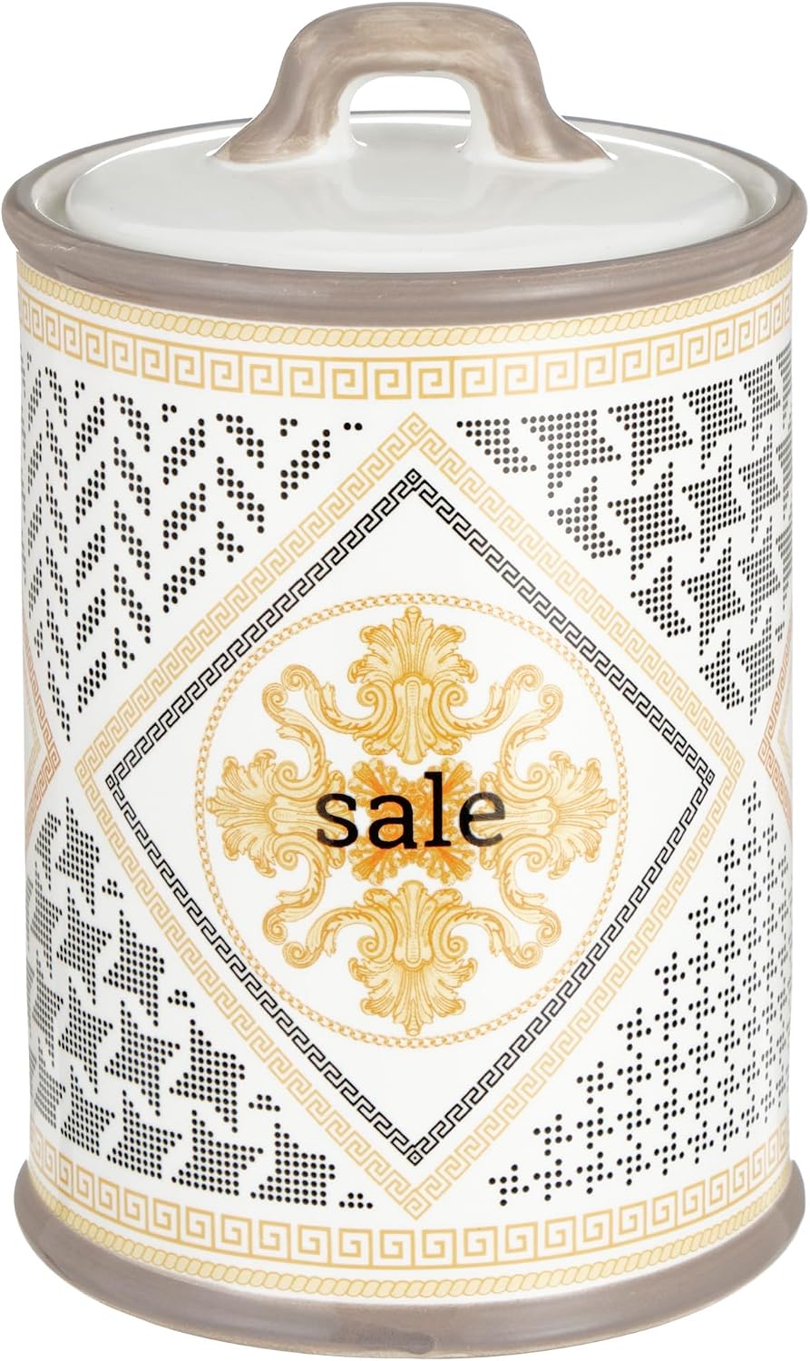 Baroni Home Ceramic Salt Jar Decorated with Airtight Lid, Colourful Durable Kitchen Accessory, Domus Line, 11 x 11 x 17 cm