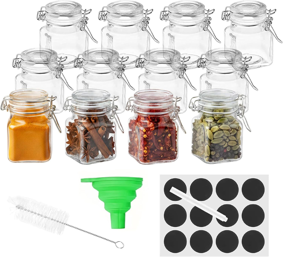Baroni Home Set of 12 Glass Spice Jars 100 ml, Spice Containers, Blackboard Labels, Marker, Funnel and Brush, Kitchen Organizer, 5 x 5 x 8 cm