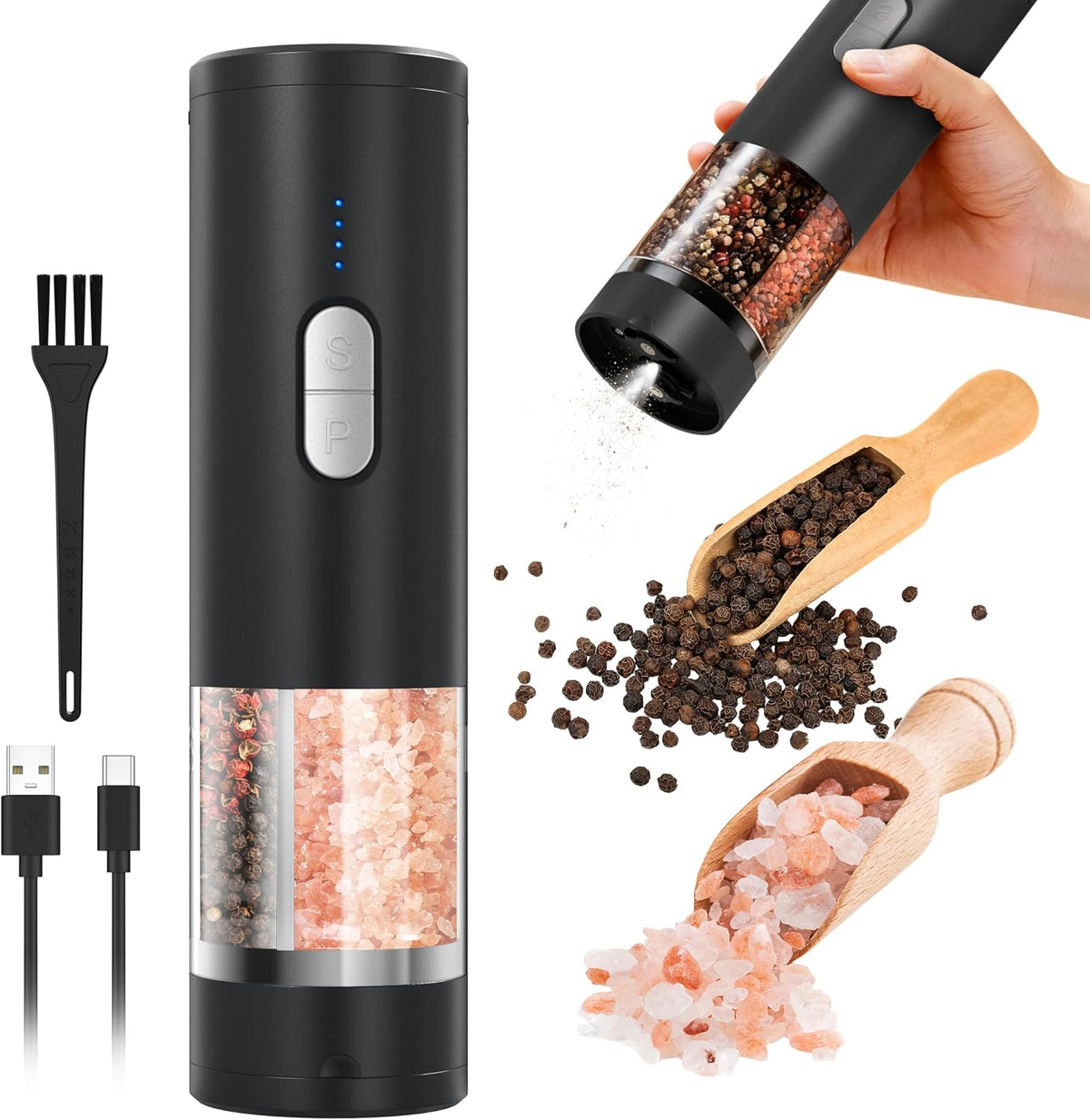 2 in 1 Electric Salt and Pepper Grinder Set (USB Rechargeable) Automatic Salt and Pepper Mill with LED Lighting One Hand Operated Adjustable Grit Perfect for Kitchen