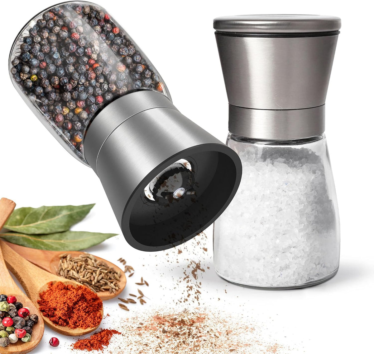 KitchenBoss Salt and Pepper Grinder: 2 Pieces Manual Pepper Mill Mincer, Salt and Pepper Mill Set with Ceramic Grinding Core, for Coarse Sea Salt, Pepper Beans [Without Spices Content]