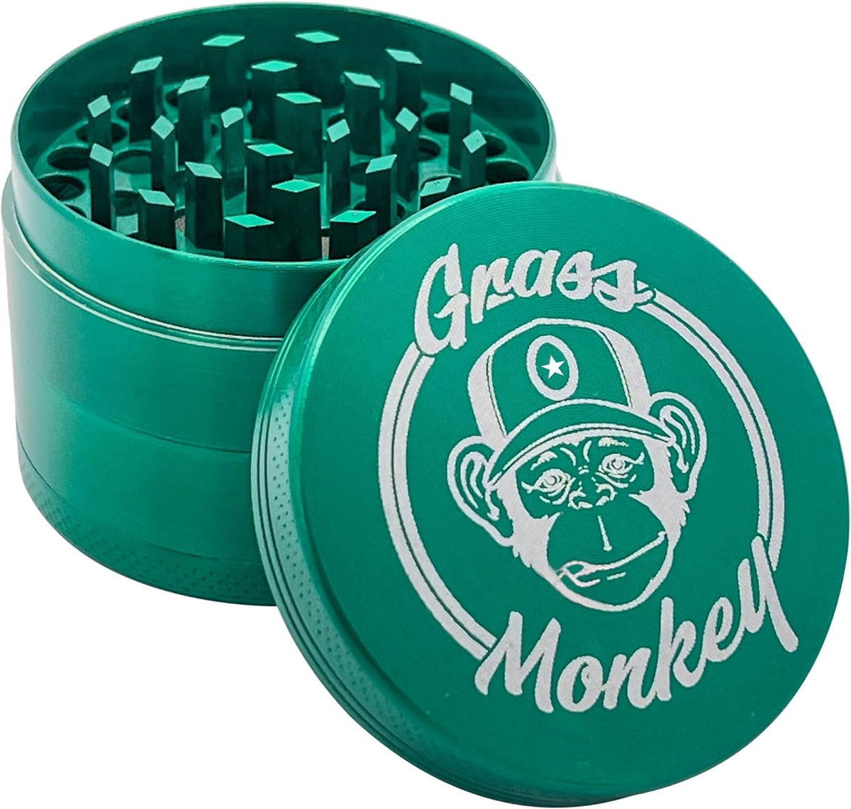 Basic Metal Grinder - 4 Pieces, Diameter 5.5 cm, Green, Robust Herb Grinder with Pollen Strainer and Shovel, Compact and Durable