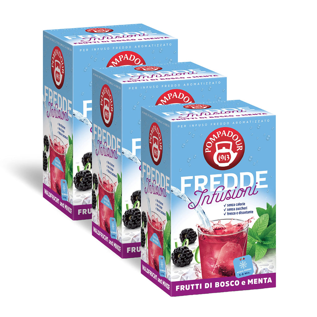Pompadour, Box Infusi e Tè Freddi 15 Bustine x 8, Karkadè Cocco, Lime Menta, Lampone Limone, Pesca Maracuja, Frutti di Bosco e Menta, Mango Ananas, Ice Tea Limone, Ice Tea Pesca Mango