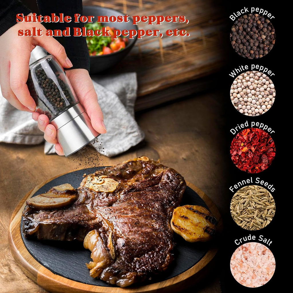 DEPAR Set of 4 Salt and Pepper Mills - High Quality Stainless Steel - High Quality Glass Container - Adjustable Ceramic Salt Grinding Mechanism