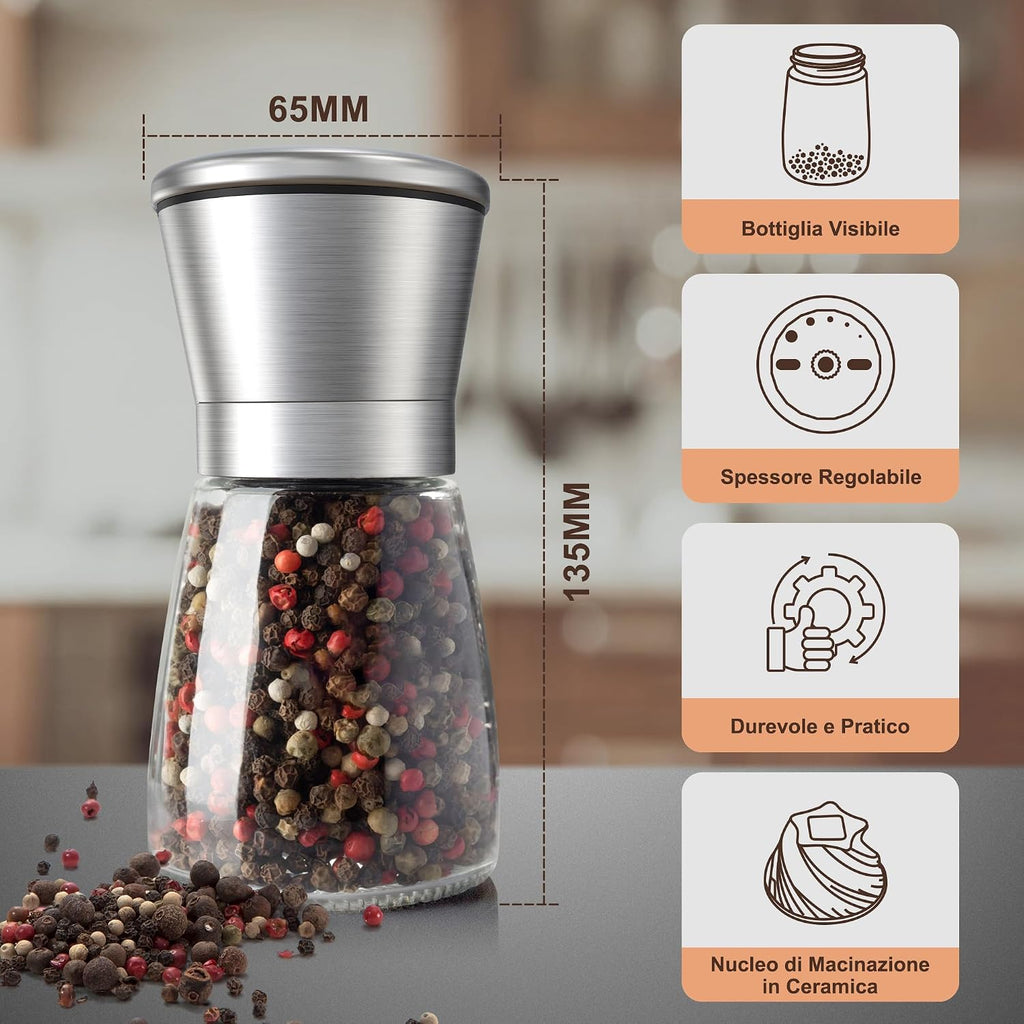 KitchenBoss Salt and Pepper Grinder: 2 Pieces Manual Pepper Mill Mincer, Salt and Pepper Mill Set with Ceramic Grinding Core, for Coarse Sea Salt, Pepper Beans [Without Spices Content]