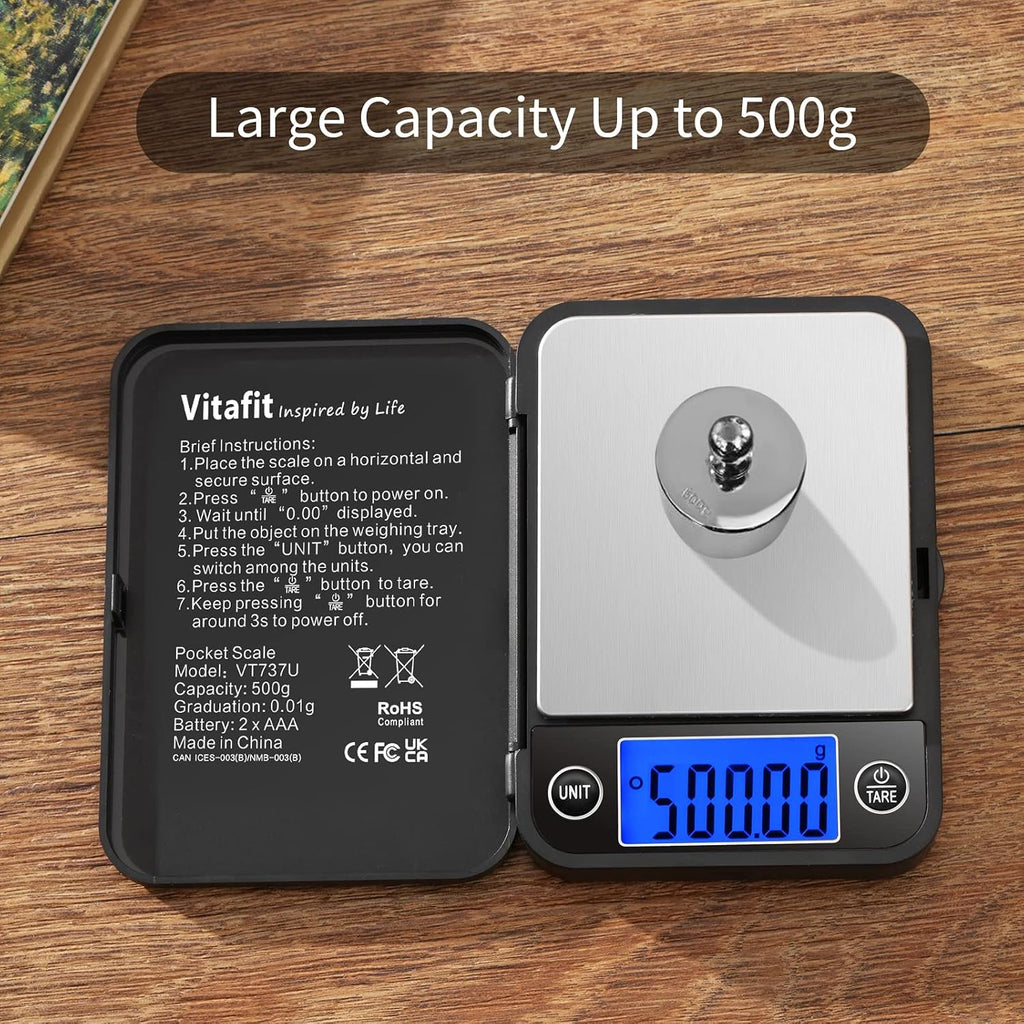 Vitafit 500g Bilancia di Precisione 0.01g, Bilancia Tascabile LCD Blu, Nera