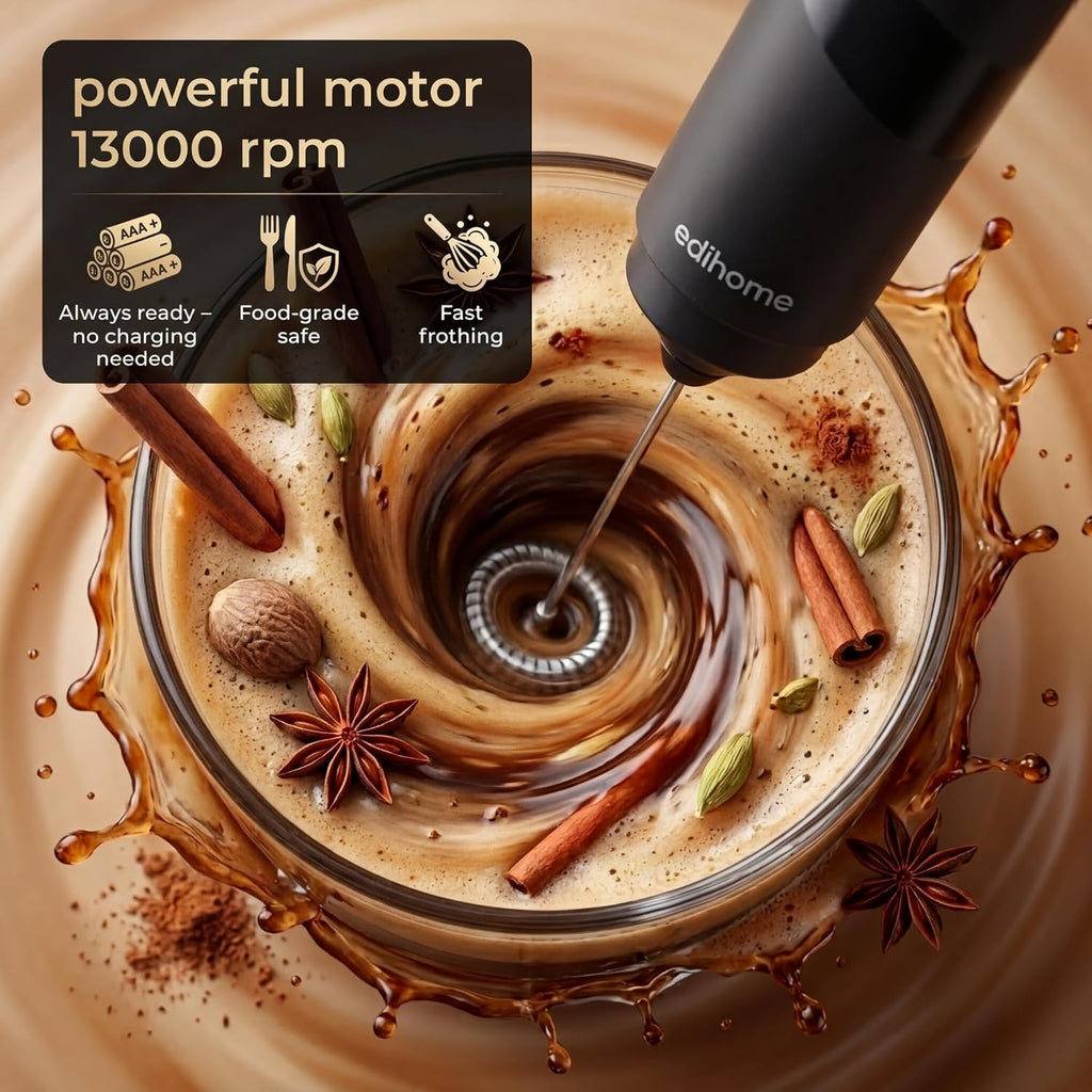 edihome, Montalatte Elettrico per Cappuccino, Frullino Montalatte Portatile, Schiuma Latte Elettrico per Latte e Caffè, Milk Frother Ricaricabile o a Batterie, Veloce e Silenzioso (Batterie, Nero)