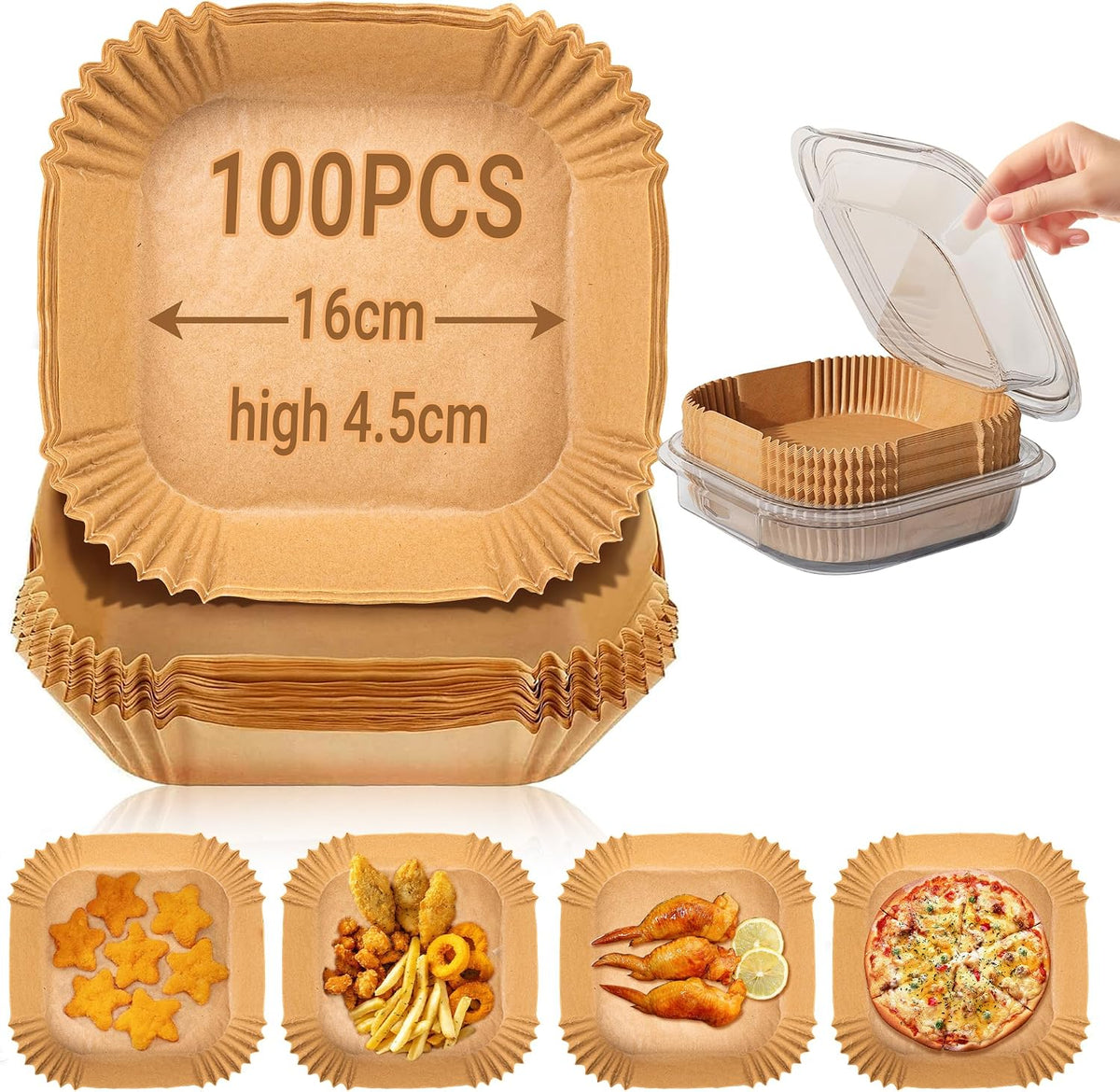 Carta forno per friggitrice ad aria, 100 pezzi contenitori usa e getta in carta per teglia friggitrice ad aria, accessori friggitrice ad aria per Microonde, 16cm x 4.5cm