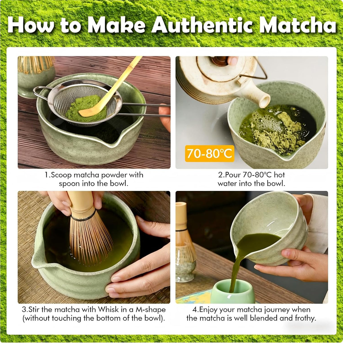 Matcha Kit, Matcha Set of 6 Pieces with Matcha Whisk, Matcha Bowl, Matcha Filter, 2 Spoon and Ceramic Holder, Matcha Set Ideal for Matcha Tea Making (A)