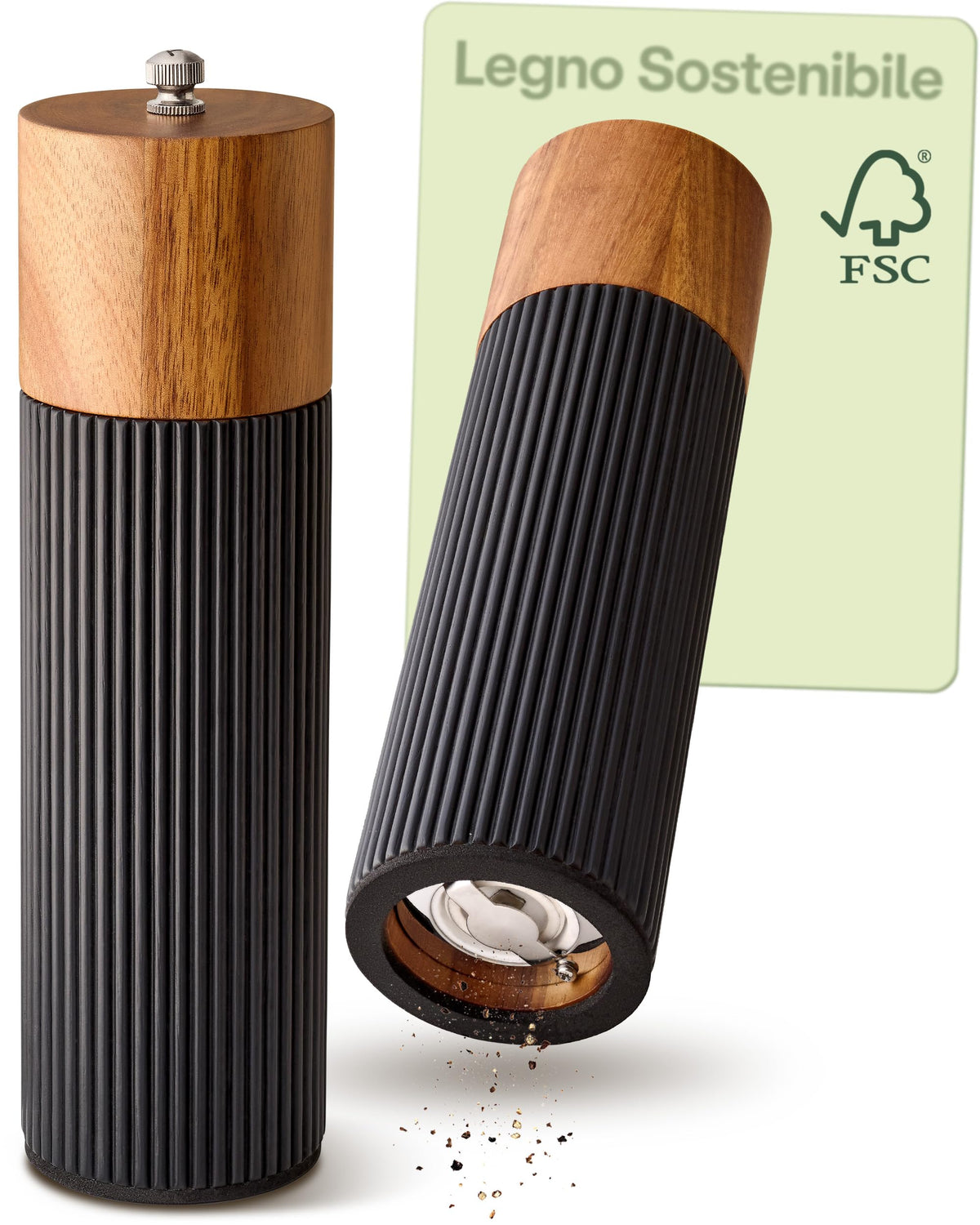 Praknu Manual Pepper and Salt Grinder - FSC® Acacia Wood - Elegant Design with Ceramic Grinder - Adjustable and Durable - Black - Small