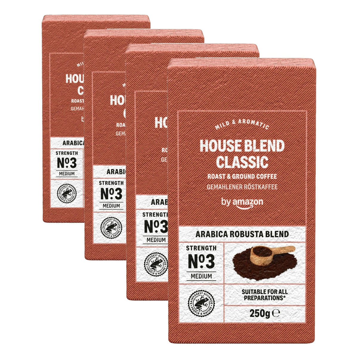 by Amazon House Blend Classic Caffè Torrefatto E Macinato 100% Arabica Intensità 3 - Delicato, 250g e
