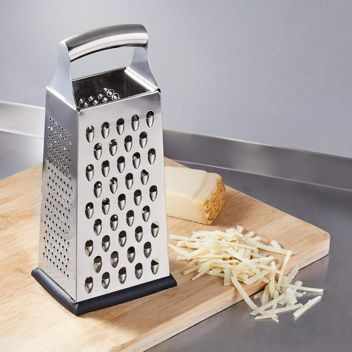 Amazon Basics Heavy Duty Rectangular Cheese Grater 4 Sided Box Stainless Steel with Non-Slip Base, 9 Inch, Black