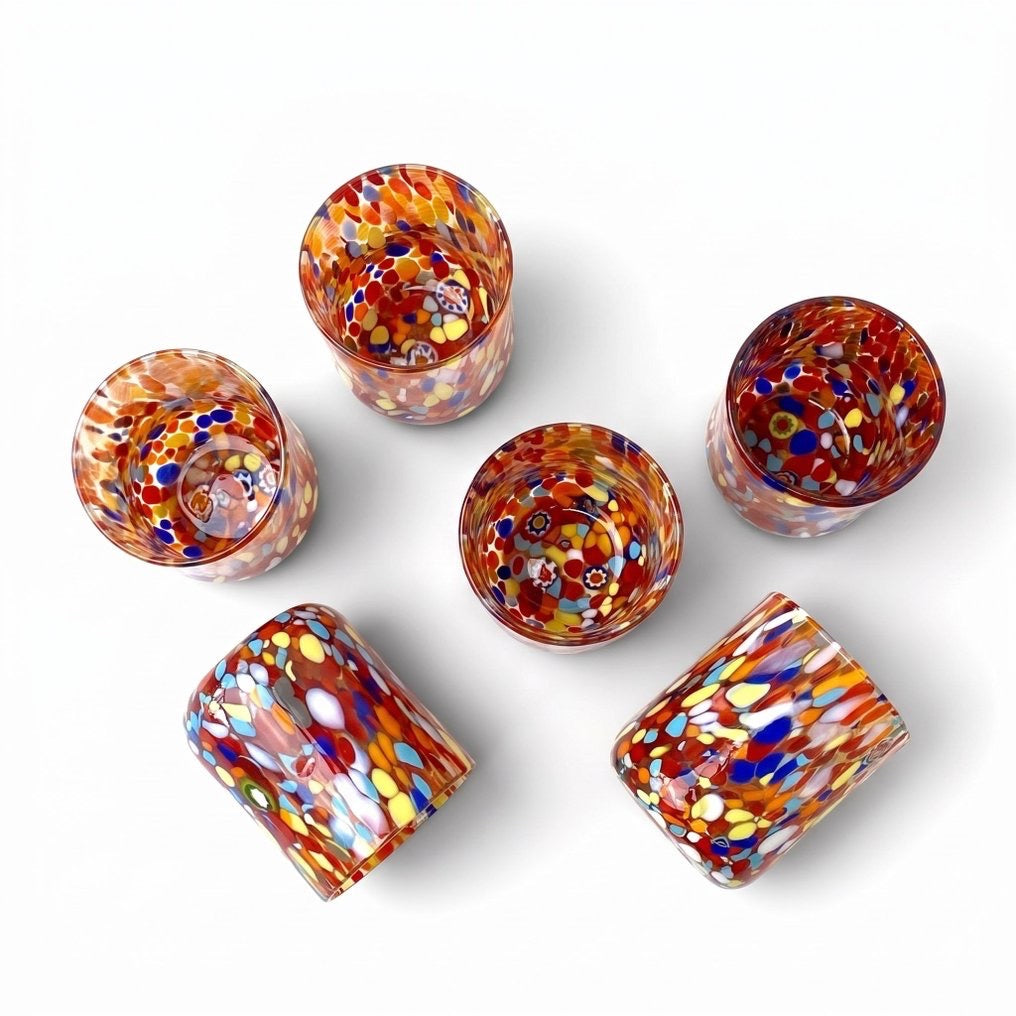 Cilindro Classic Hand-Blown and Hand-Worked Glasses with Murano Murrine, "I Colori di Murano" line 400 ml. Made in Italy: RED / 6