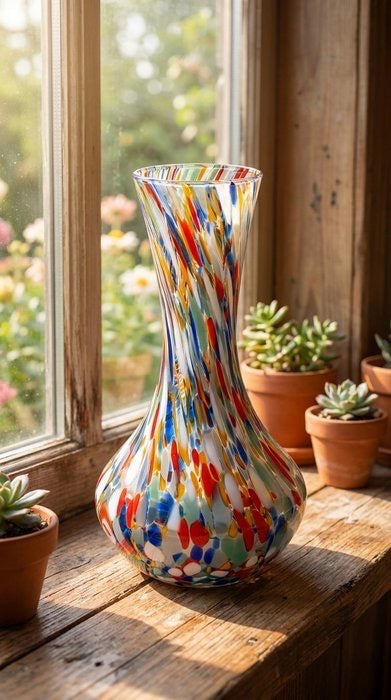 1 Vaso in Vetro Arlecchino Soffiato e Lavorato a Mano di Murano, Tesori da collezione