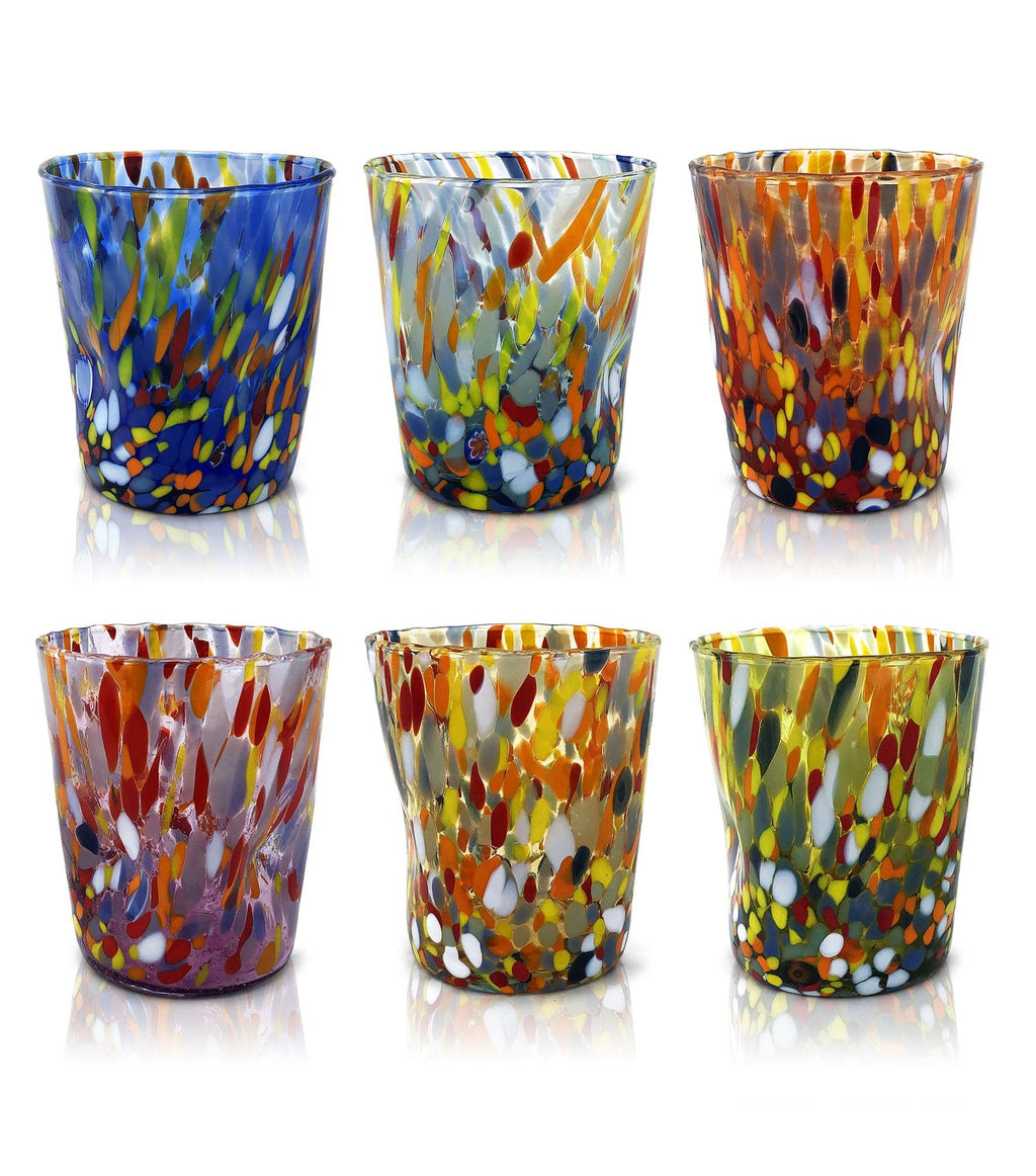 Bicchieri Tumbler Classic in Vetro Soffiati e Lavorati a Mano con Murrine di Murano, linea “I Colori di Murano” 350 ml. Made in Italy: MIX / 6